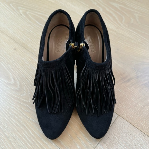⭐️Chloe⭐️Fringe Black Suede Leather High Heel Ankle Bootie Designer Women's 6 37 - Picture 3 of 15